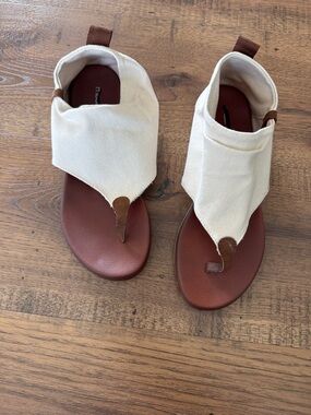 Maurices Cream Canvas Thong Sandals with Brown Footbed